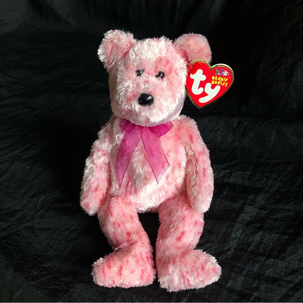 2002 Ty Beanie Baby SMITTEN Pink Speckled Bear with Raspberry & Gold Trim Ribbon